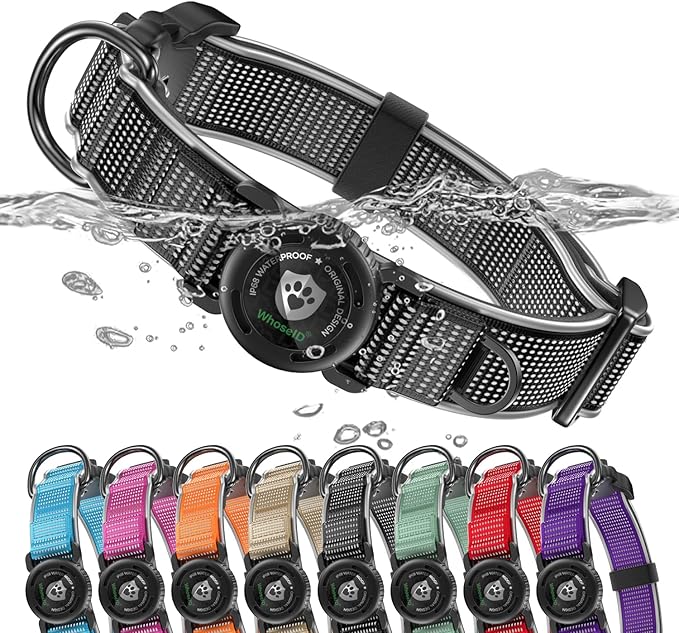 WhoseID Premium AirTag Dog Collar - Air Tag Small Dog Collar | Fur-Safe Magnetic Buckle | IPX8 Waterproof Reflective Dog Collar with AirTag Holder