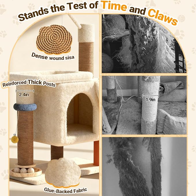 PetDance 37in All-in-1 Small Cat Tree for Indoor Cats | Space-Saving Cat Tower with Cozy Condo, Cat Window Perch, Sisal Scratching Posts, Interactive Ball Track Toy & Self-Grooming Brush,Beige