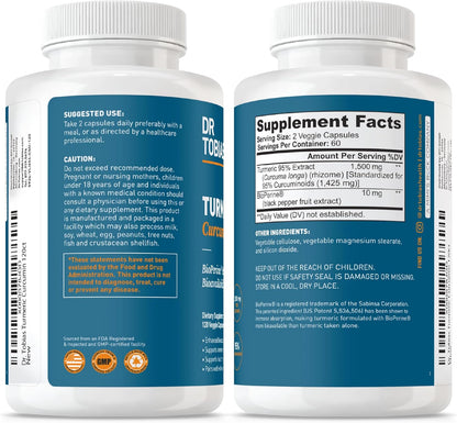 Dr. Tobias Turmeric Curcumin 1500mg with BioPerine – Extra Strength Supplement with 95% Curcuminoids for Joint Support, Overall Vitality & Immune Health, 120 Vegan Capsules, Non-GMO