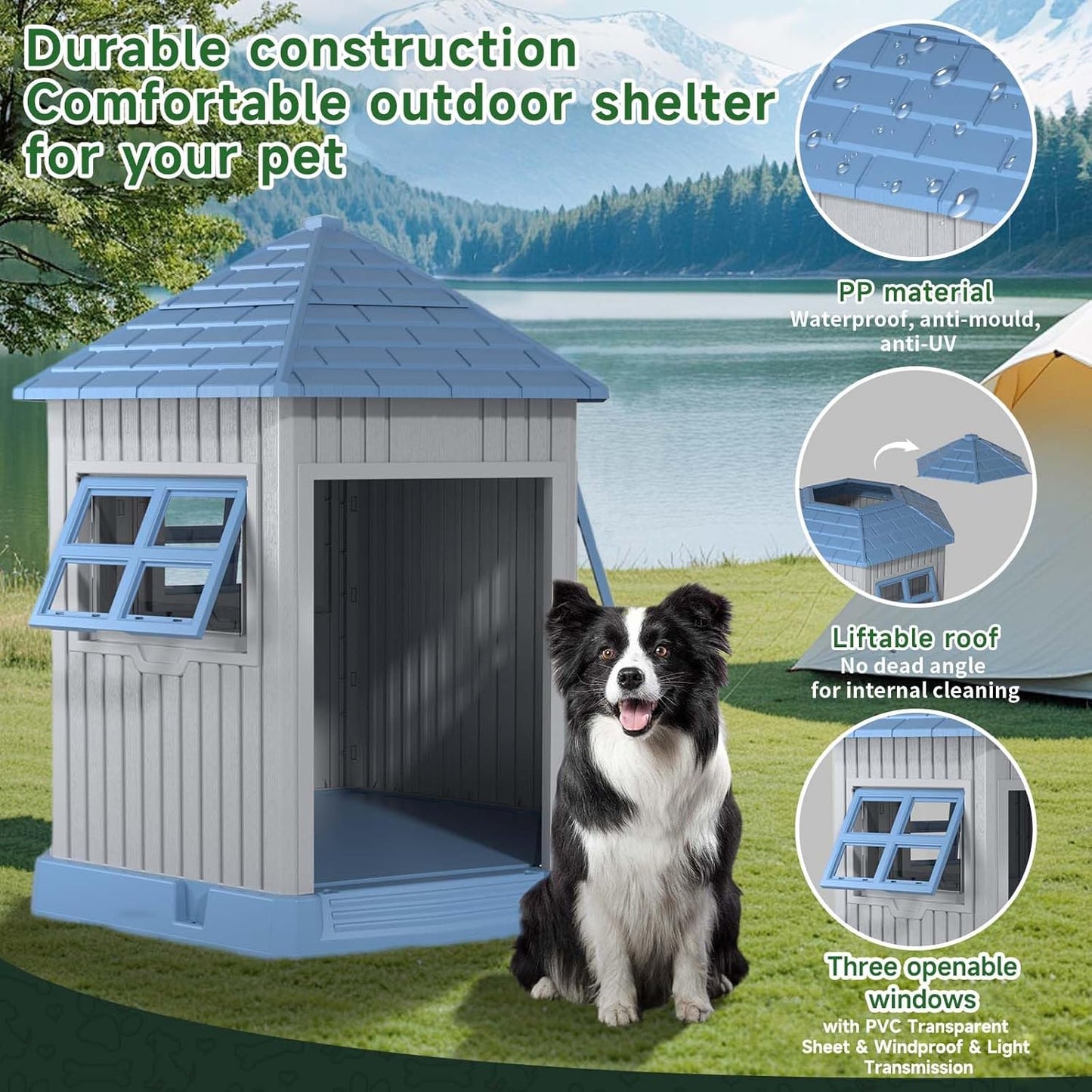 Vixzen Large Outdoor Dog House,Durable Water Resistant Resin Dog House,Doghouse for Small to Large Dogs Indoor or Outside,with Openable Windows and Elevated Floor,Blue