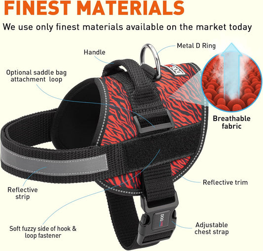 Dogline Dog Harness, Reflective No-Pull Adjustable Vest with Handle for Walking, Training, Breathable, No - Choke Harness for Small, Medium or Large Dogs Room for Patches Zebra Black/Red XS 15"-18"