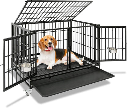 Homey Pet 43 Inch Heavy Duty Dog Crate Cage Kennel for Medium Dogs with Three Door, Divider, Removable Grid & Tray, 4 x Lockable Wheels, 2 x Bowls, Stackable Drop Cages for Breeders, Groomers