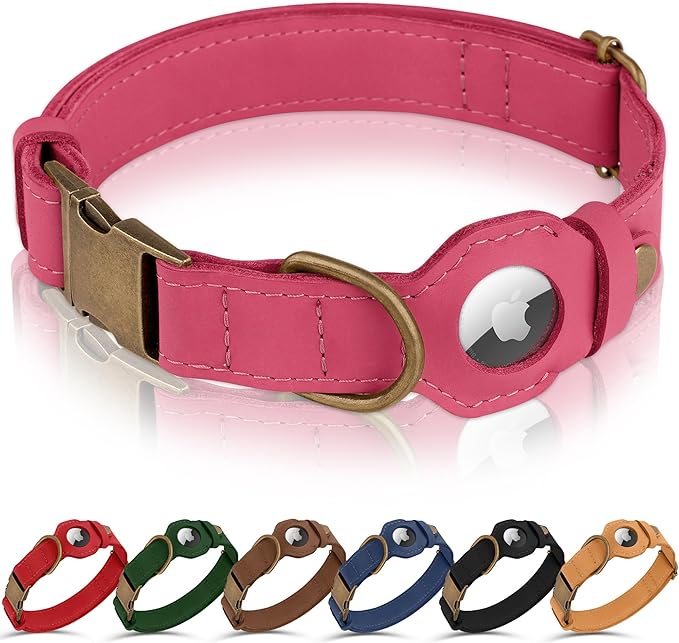 AirTag Dog Collar - Genuine Leather Dog Collar with Apple AirTag Holder and Metal Buckle - Smart GPS Tracking Pet Collars (Pink, M, 14"-18" Neck Fit)
