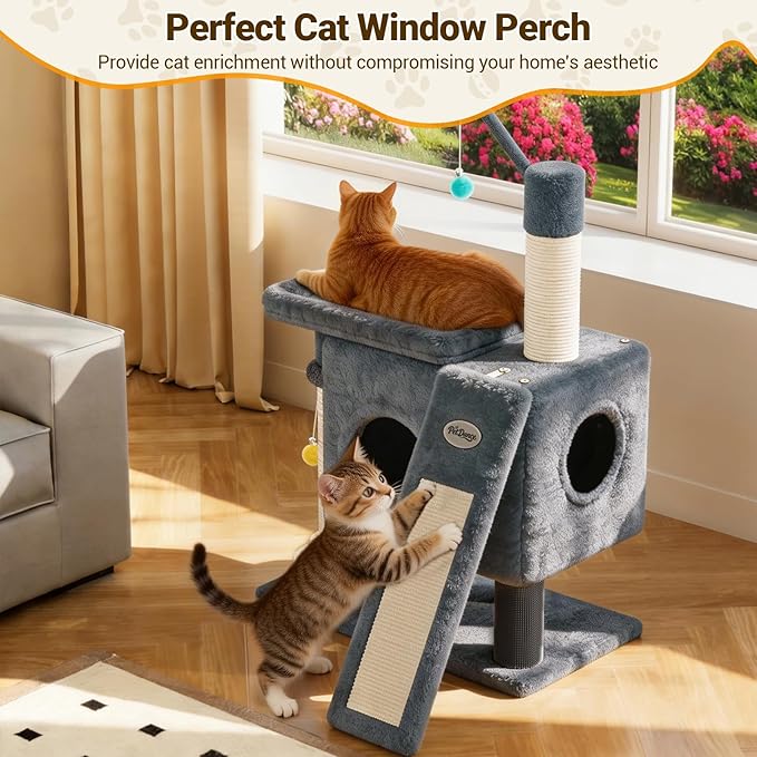 PetDance 37in All-in-1 Small Cat Tree for Indoor Cats | Space-Saving Cat Tower with Cozy Condo, Cat Window Perch, Sisal Scratching Posts, Interactive Ball Track Toy & Self-Grooming Brush,Light Gray