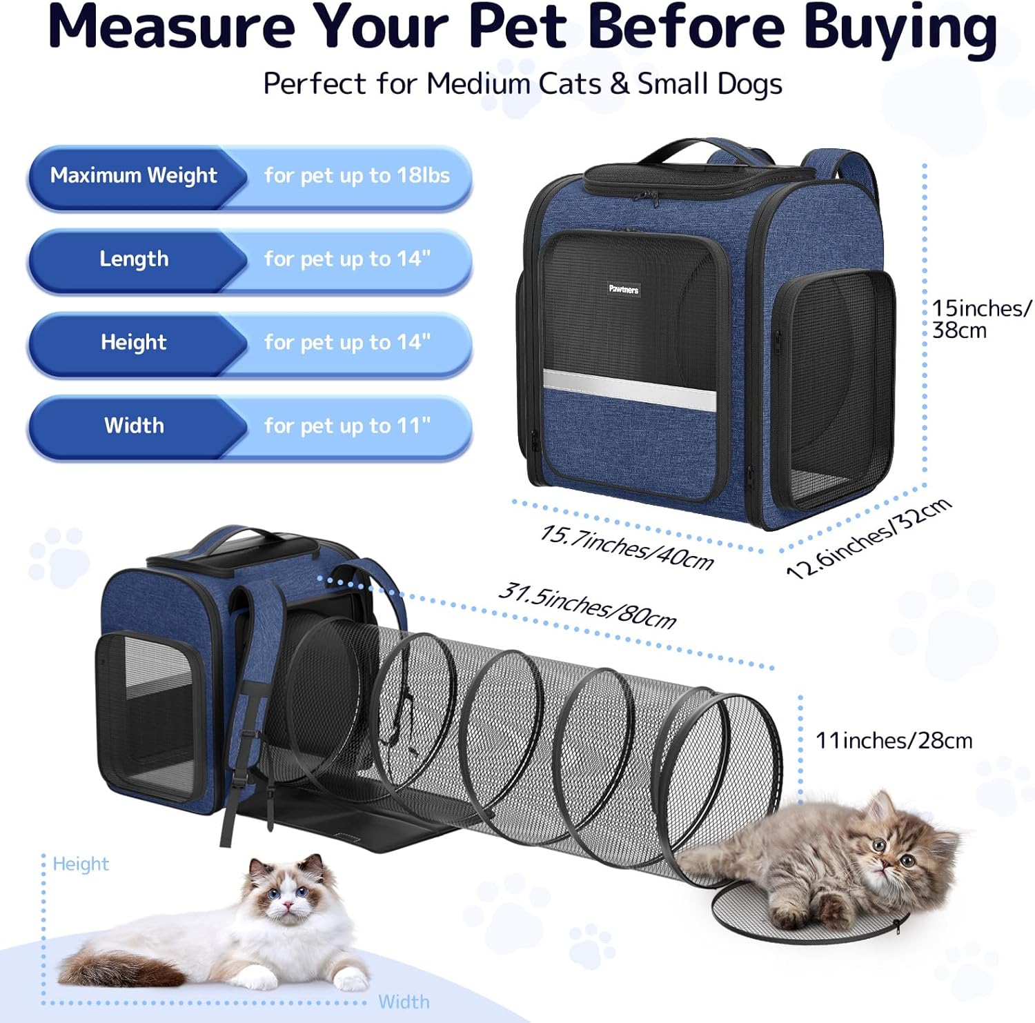 Pawtners Cat Carrier Backpacks Expandable Pet Backpack with Breathable Mesh, Pet Carrier Backpack for Cats Small Dogs Puppies Up to 18 Lbs, Dog Carrier Backpack for Travel Hiking Camping Outdoor Blue - Pawvie