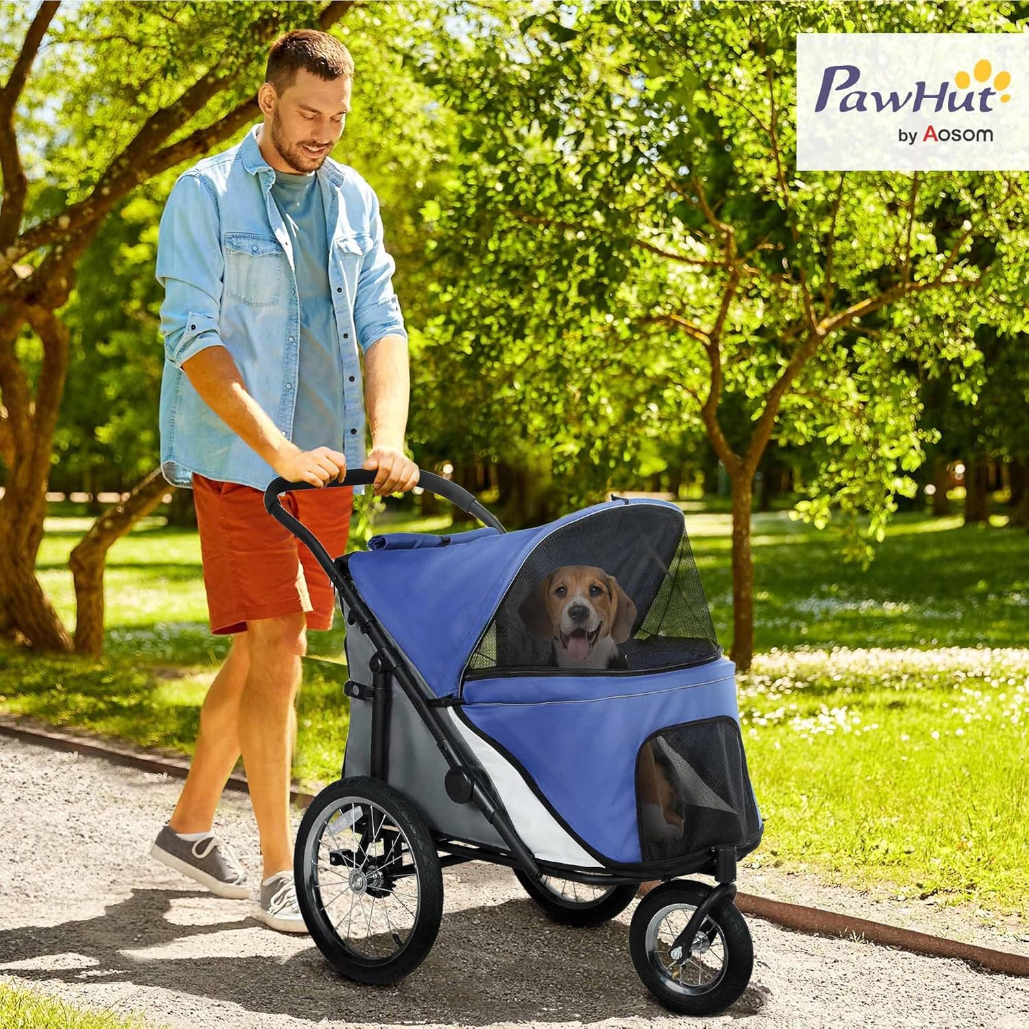 PawHut Dog Stroller, Pet Stroller 3 Wheels with Easy One-Hand Fold, Rubber Wheels, Storage Bag, Soft Cushion, Safety Leash, for Small & Medium Dogs, Blue - Pawvie