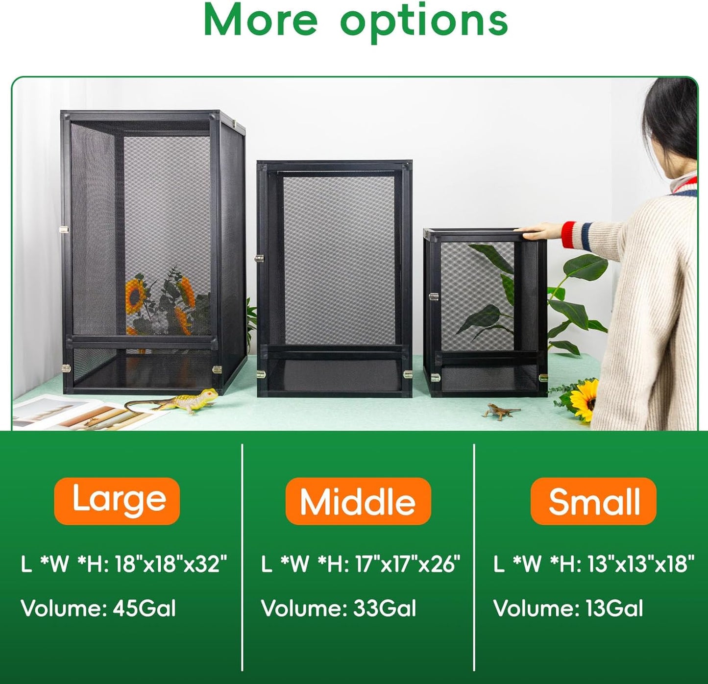 33 Gal Detachable and Foldable Reptile Butterfly Cage Terrarium, 360° Observation, Airflow, Interaction in Gecko Tank for Crested Geckos, Leopard Geckos, Chameleons, Bearded Dragons