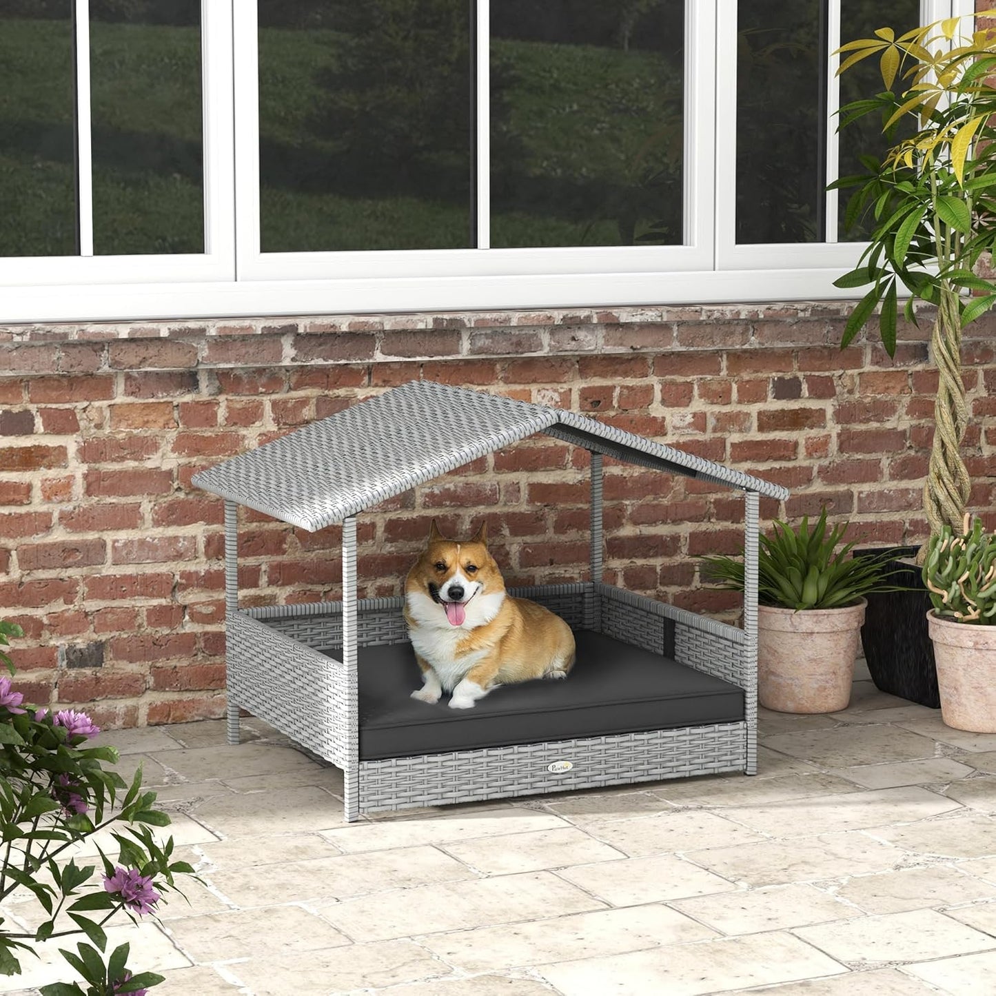 PawHut Wicker Dog House Outdoor with Canopy, Rattan Dog Bed with Water-Resistant Cushion, Raised Dog Bed for Small, Medium Dogs up to 66 lbs, 19.75" in Length, Silver Wicker, Gray Cushion