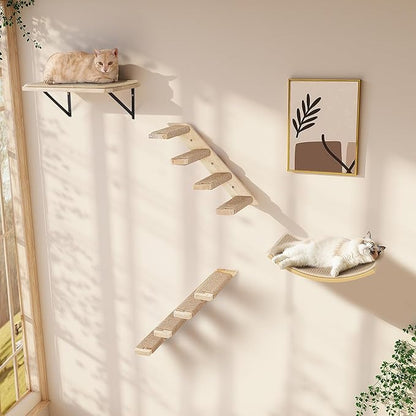Cat Wall Shelves Set with Sisal Cats Window Perch, 4 Piece Wood Climbing Furniture with Curved Sisal Bed, Flat Shelf & Two Wall-Mounted 4 Steps Cat Stairs