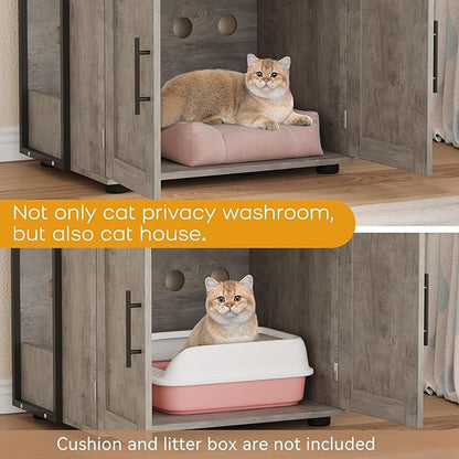 Cat Litter Box Enclosure, Hidden Litter Box Furniture with 3 Storage Shelves and Doors, Rustic Indoor Cat Cabinet, Multi-Functional Storage for Food, Cats Toilet Furniture
