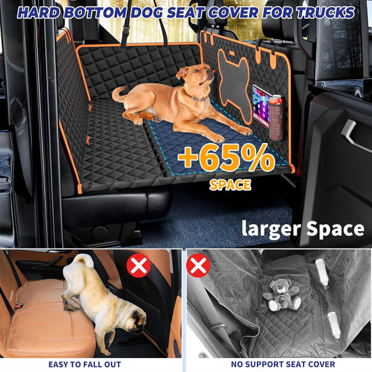 Dog Back Seat Extender for Truck, Hard Bottom Dog Car Seat Cover-Strong Support Waterproof Scratch-Proof Pet Hammock for Full Size F150/RAM1500/Silverado Crew Cab Pickup, Black with Orange - Pawvie