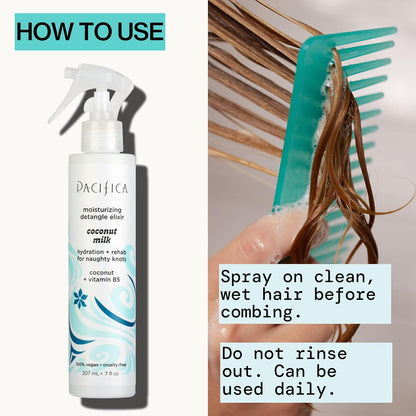 Pacifica Coconut Milk Hair Detangler Spray - Leave In Conditioner Spray, Detangling Elixir Suitable for All Types, Fine and Curly Hair Products, Smoothing, Moisturizing, and Anti-Frizz - 207 mL