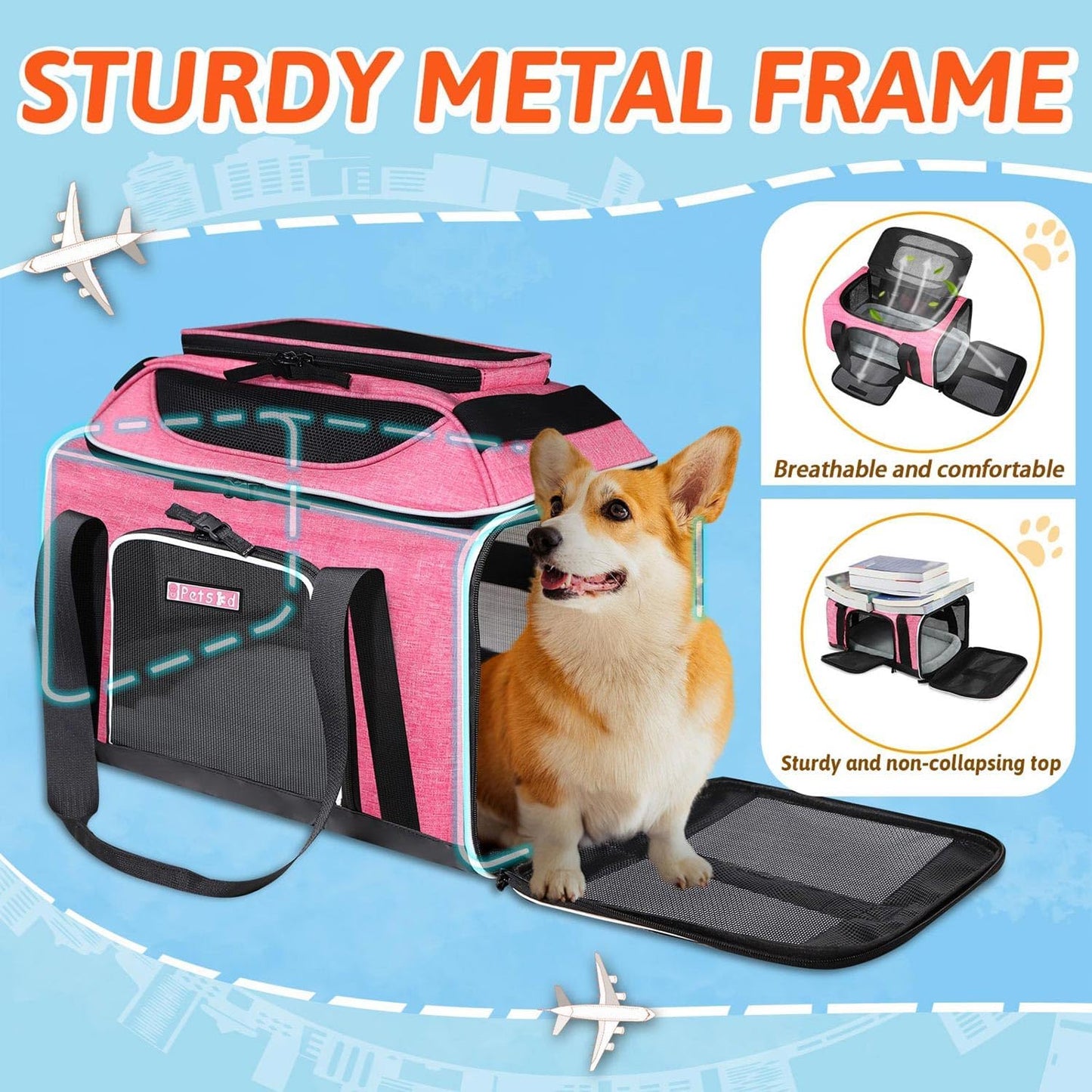 Petskd Top-Expandable Pet Carrier 18x13x9.5 Inches Southwest Airline Approved, Soft-Sided Carrier for Small Cats and Dogs with Locking Safety Zippers and Anti-Scratch Mesh(Pink)