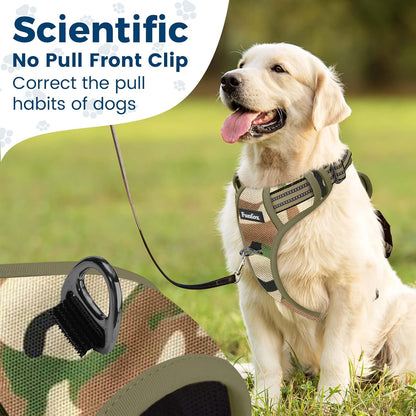 Funfox Dog Harness No Pull, Adjustable Pet Vest Harness, Super Soft Material with Vertical Handle Easy Control, Reflective Night Walking, 2 Leash Clips for Large Dogs, Camo Green, L