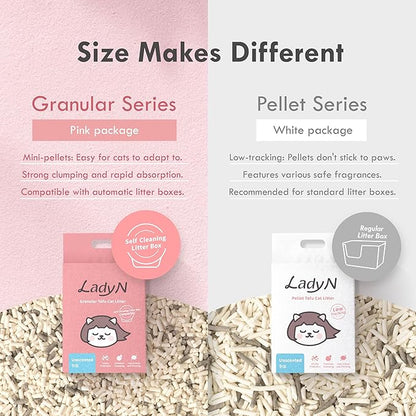 Lady N Pellet Tofu Cat Litter, Strong Clumping Ultra Absorbent, Dust-Free Low Tracking, Enviro-probiotic and Activated Carbon for Odor Control 18lb (2 Packs Unscented)