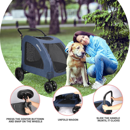 Large Dog Travel Stroller with 4 Heavy Duty Wheels Pet Stroller with Adjustable Handle - Double Doggie Capacity Jogger Wagon with Back Front Door for Small Medium Large Dogs (Navy) - Pawvie