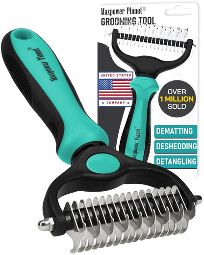 Maxpower Planet Hair Brush - Double Sided Shedding, Dematting Undercoat Rake for Dogs and Cats - Extra Wide Dog Grooming Brush, Reduce Shedding by 95%, Turquoise
