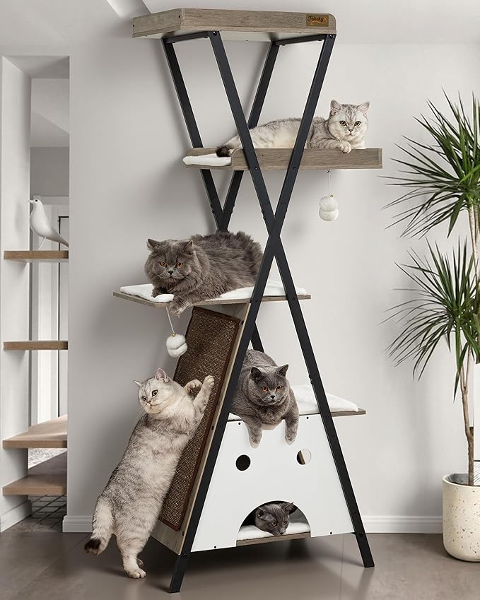Modern Wood Cat Tree Tower for Indoor Cats Large Adult - 67 Inch Tall Multi-Level Heavy Duty Cat Condo Trees Furniture with Caves Perch Bed Scratching Board - XL Big Sturdy Wooden Kitty House