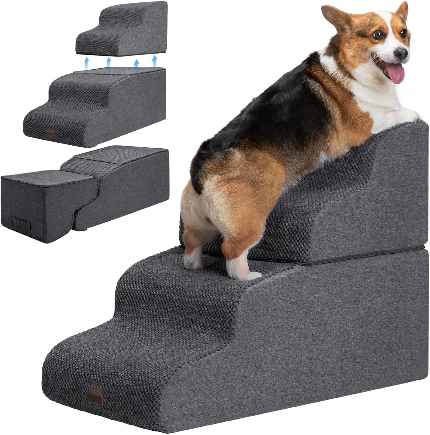 Dog Stairs for High Beds, 4-Step Dog Steps for Small Dogs and Cats, Foldable Pet Stairs for High Bed Climbing, Non-Slip Balanced Pet Step Indoor, Dark Grey - Pawvie