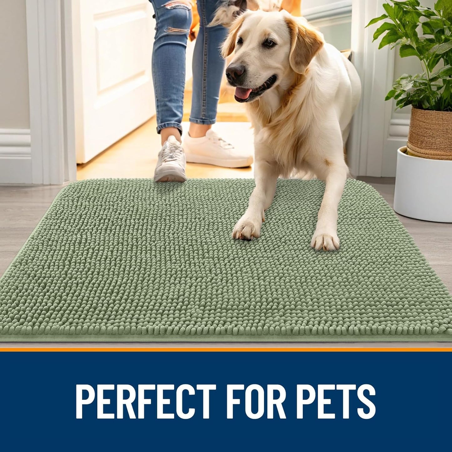 OLANLY Dog Door Mat for Muddy Paws 54x24, Absorbs Moisture and Dirt, Absorbent Non-Slip Washable Doormat, Quick Dry Chenille Mud Mat for Dogs, Entry Indoor Entryway Carpet for Inside Floor, Sage Green