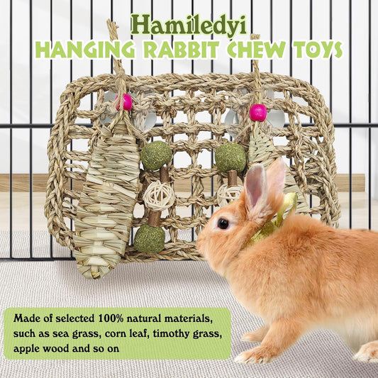 Hamiledyi Rabbit Seagrass Mat Hanging Bunny Chew Toys for Teeth Rabbit Enrichment Activity Mat Small Animal Toys for Guinea Pigs Chinchillas Gerbils Birds