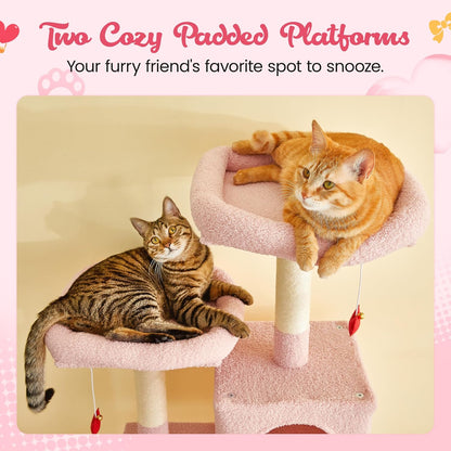 MWPO Cute Cat Tree, 70.1-Inch Tall Pink Cat Tower for Indoor Cats Large Adult, Multi-Level Cat Condo with 5 Scratching Posts, 2 Padded Perches, Hammock, Dangling Toys