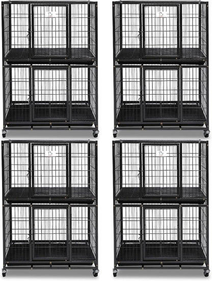 Homey Pet Four Packs 31 Inch Stackable Heavy Duty Dog Crate Cage Kennel with Four Lockable Wheels, Removable Tray, Escape Proof Wire Drop Dog Crates for Small Dogs (Two Tiers)