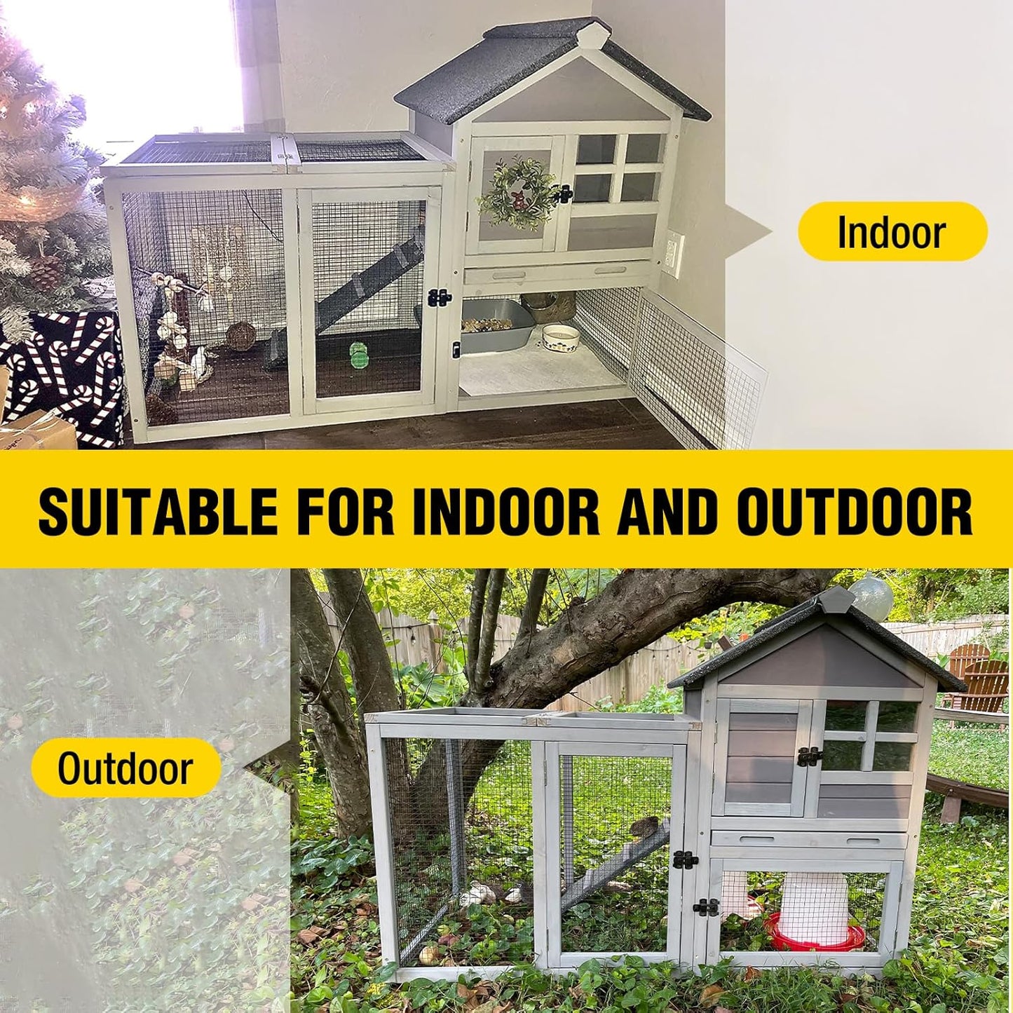 Aivituvin Rabbit Hutch Indoor Bunny Cage Outdoor with Run Chicken Coop Guinea Pig House with Waterproof Asphalt Roof,No Leakage Pull Out Tray