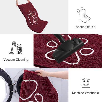 Smiry Dog Door Mat for Muddy Paws, Absorbent Dirt Trapper Non Slip Quick Dry Washable Chenille Mat for Mud Dogs, Entry Rug for Indoor and Outdoor (48x30 Inches, Burgundy)