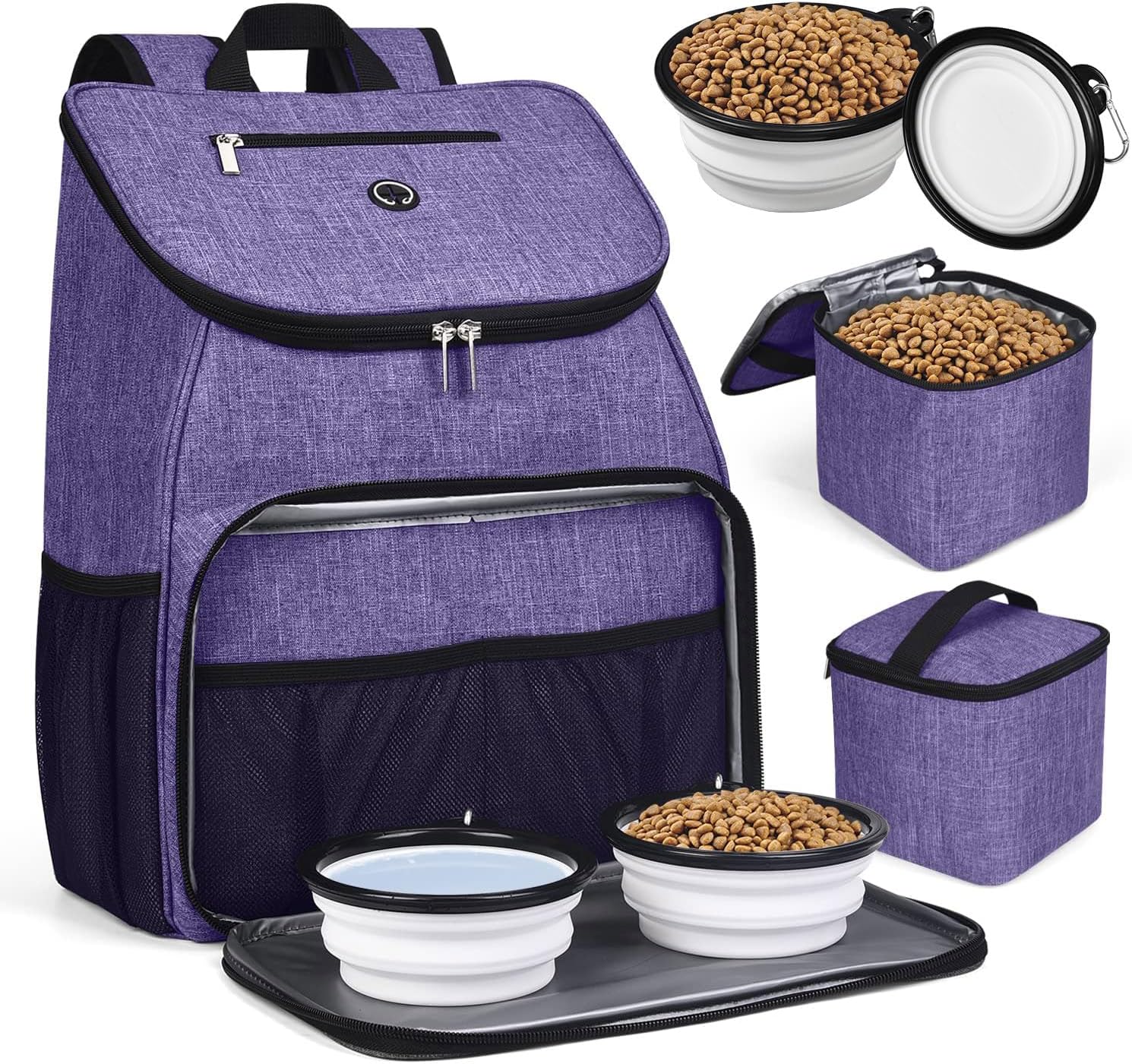 BAGLHER丨Dog Travel Bag, Airline Approved Pet Supplies Backpack, Dog Travel Backpack Accessories Set with 2 Silicone Collapsible Bowls and 2 Food Baskets. Purple - Pawvie