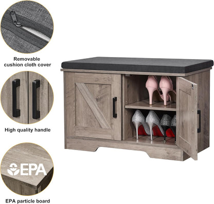 2-Tier Storage Bench, Shoe Bench with Padded Seat Cushion, Entryway Bench with 2 Barn Doors, Adjustable Shelf, 13.8" D x 27.6" W x 17.7" H, for Entryway, Living Room, Bedroom, Greige