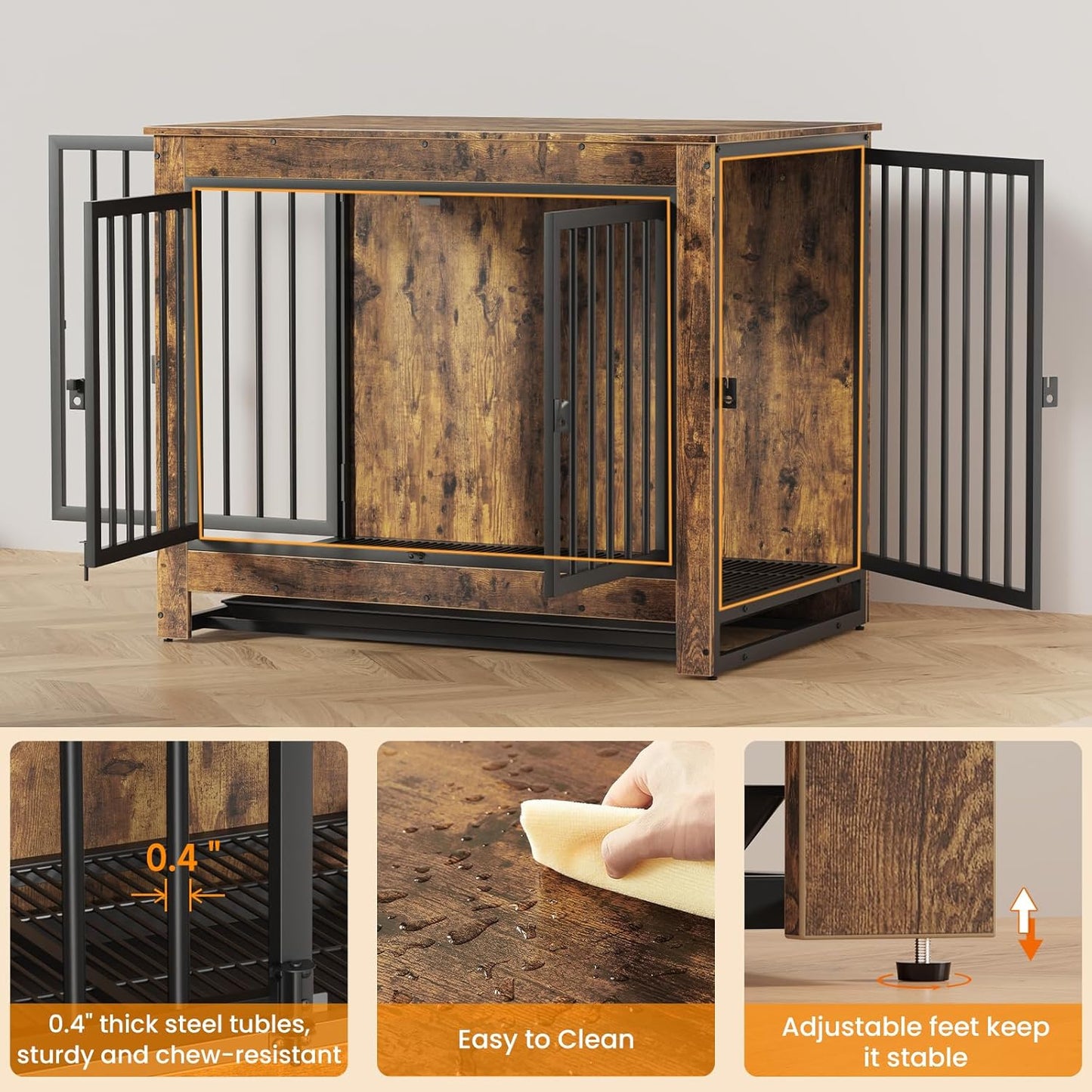 Dog Crate Furniture, Dog Crate End Table for Medium and Large Dogs,Wooden Cage Kennel Furniture Indoor, Modern Dog Crate with Multi-Purpose Removable Tray, Double-Doors Dog Furniture