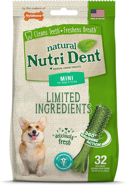 Nylabone Nutri Dent Dog Dental Chews - Natural Dog Teeth Cleaning & Breath Freshener - Dental Treats for Dogs - Fresh Breath Flavor, Mini (32 Count)