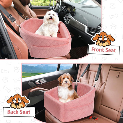 Dog Car Seat for Small Medium Dogs,Detachable Washable Dog Booster Seat Under 30lbs, Pet Car Seats Travel Bed with Storage Pockets and Safety Belt(Pink) - Pawvie