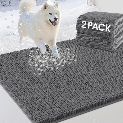 2 Pieces Muddy Door Mats for Dogs, Chenille Absorbent Pet Mats, Quick Dry, Trap Dirt Non Slip Heavy Indoor Doormat Soft Dog Bed Mat Front Inside Door Mat for Indoor Outdoor Entrance,Grey