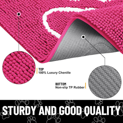 Smiry Dog Door Mat for Muddy Paws, Absorbent Dirt Trapper Non Slip Quick Dry Washable Chenille Mat for Mud Dogs, Entry Rug for Indoor and Outdoor (30x20 Inches, Hot Pink)