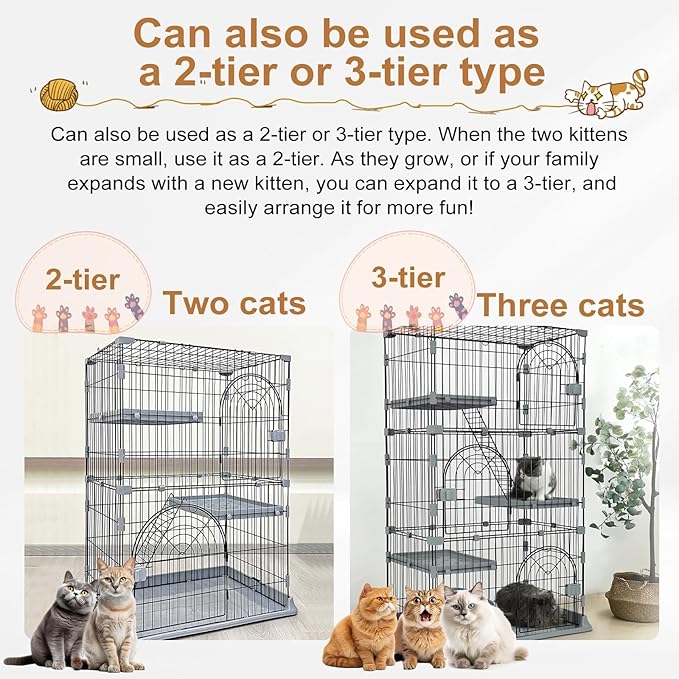 Cat Cage 3-Tier Indoor Cat Enclosure with Widen Bottom Buckle & Reinforced Locking Clamps DlY Cat Playpen for 2-3 Cats & Small Pets,30" Lx 20" W X 52.5" H (Grey, Three-Tier52.5")
