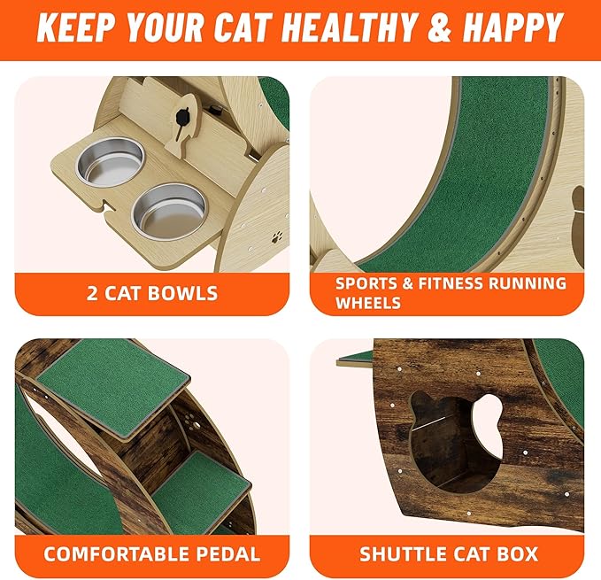 Cat Running Wheel for Indoor Cats, Large 6-in-1 Cat Treadmill with Bowls, Scratch Post & Resting House, Quiet Cats Wheel Exerciser for Kitty Fitness Wood Color