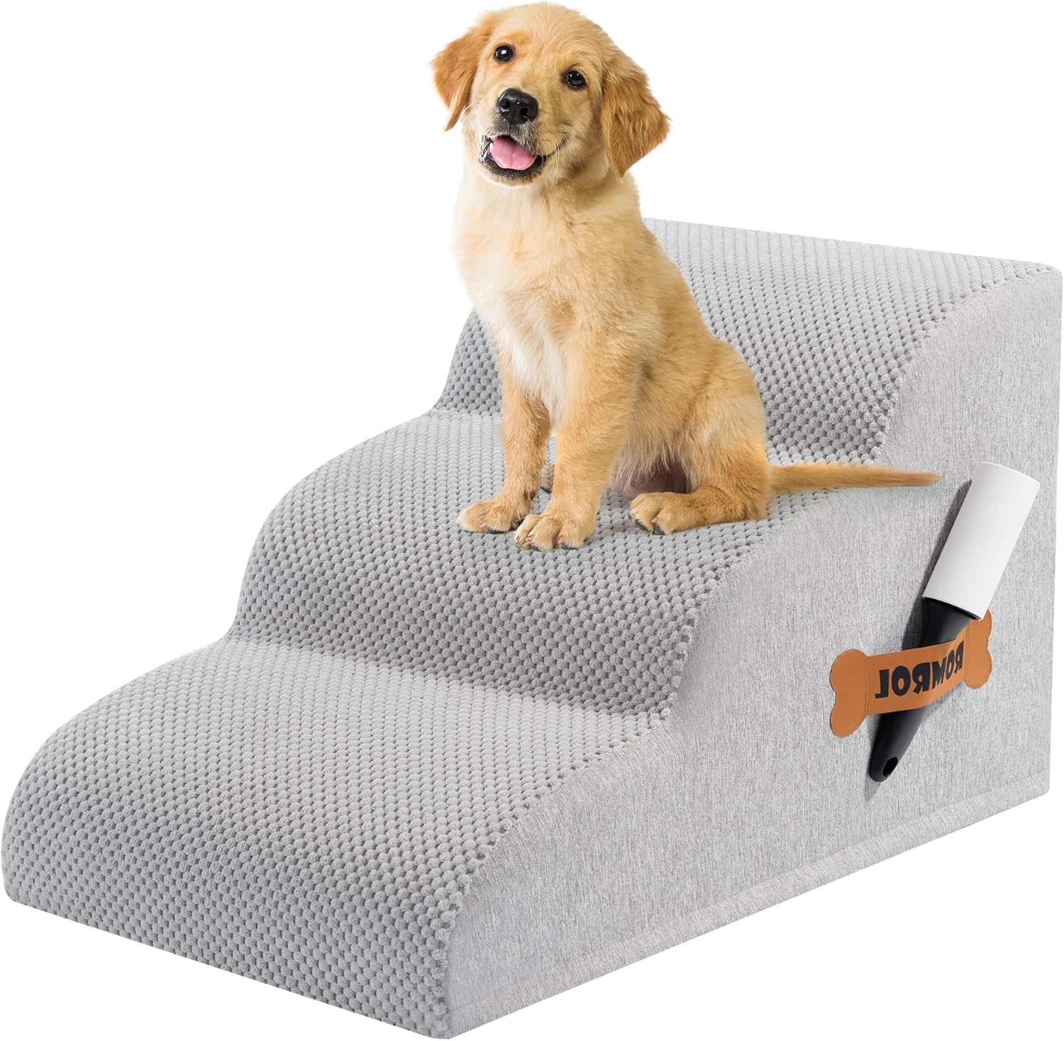Romrol Dog Stairs Ramp for High Beds Couches, High Density Foam Pet Steps with Durable Non-Slip Waterproof Fabric Cover, Dog Stairs for Small Dogs or Cats or Pets, 3-Step,15 Inch,Light-Grey - Pawvie