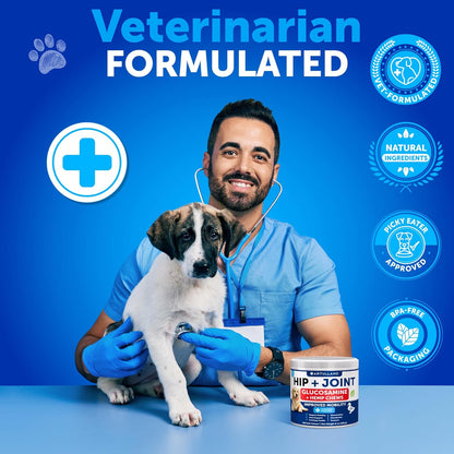 Hemp Hip and Joint Supplement for Dogs - Glucosamine for Dogs Joint Pain Relief - Chews with Chondroitin, MSM, Hemp Oil - Mobility Support, Cartilage Health - For Large, Small breeds - 120 Soft Treats