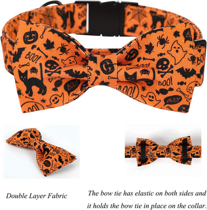 Lionet Paws Halloween Dog Collar with Bowtie - Cute Cotton Adjustable Fall Bowtie Dog Collar with Metal Buckle for Small Medium Large Dog Girl Boy Gift, XS, Neck 8-12in