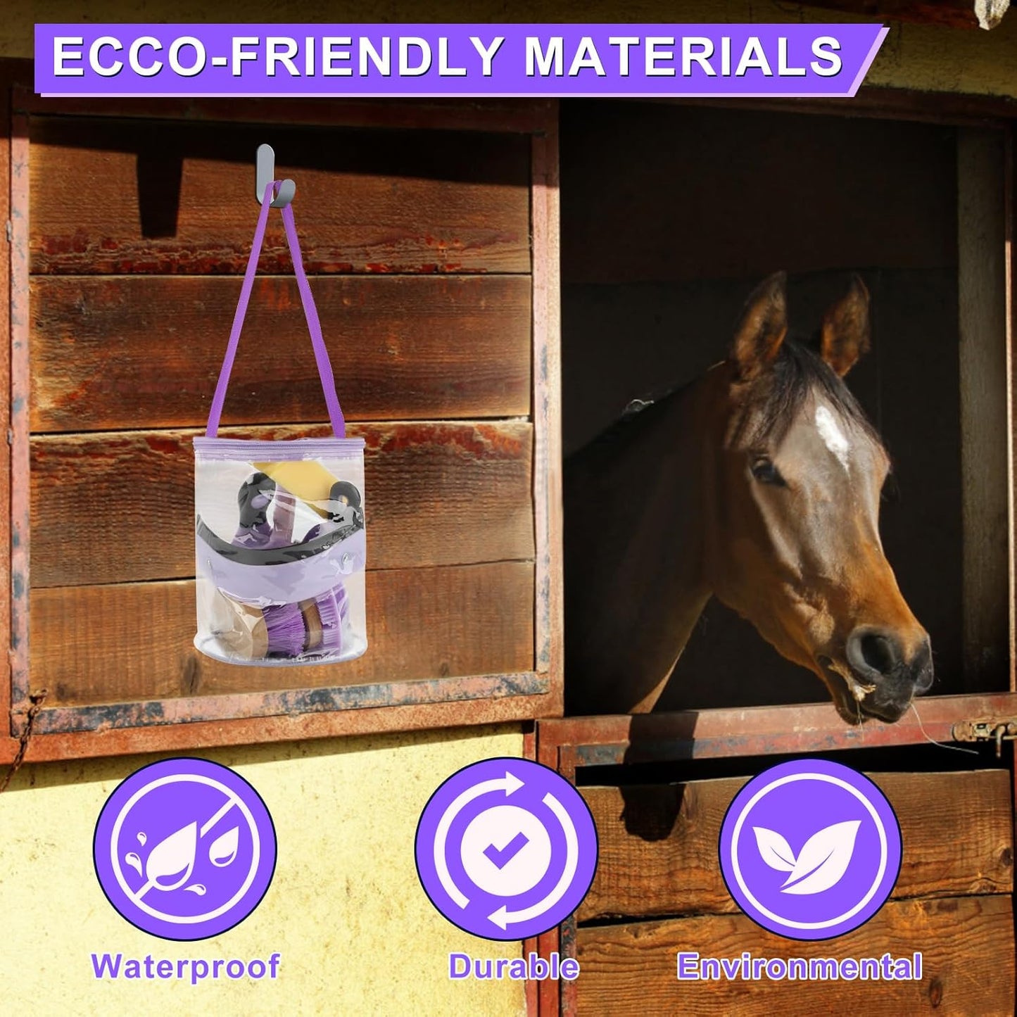 9 Pieces Grooming Kit with Tote Bag, Sweat Scraper, Sponge, Hoof Pick, Curry Comb for Horse Riders Beginners (Purple)