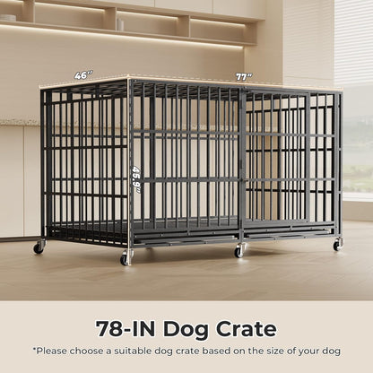 78 Inch Heavy Duty Indestructible Dog Crate Steel Escape Proof, Indoor Double Door High Anxiety Cage, Kennel with Wheels,Removable Tray,Extra Large Dogs XL XXL XXXL