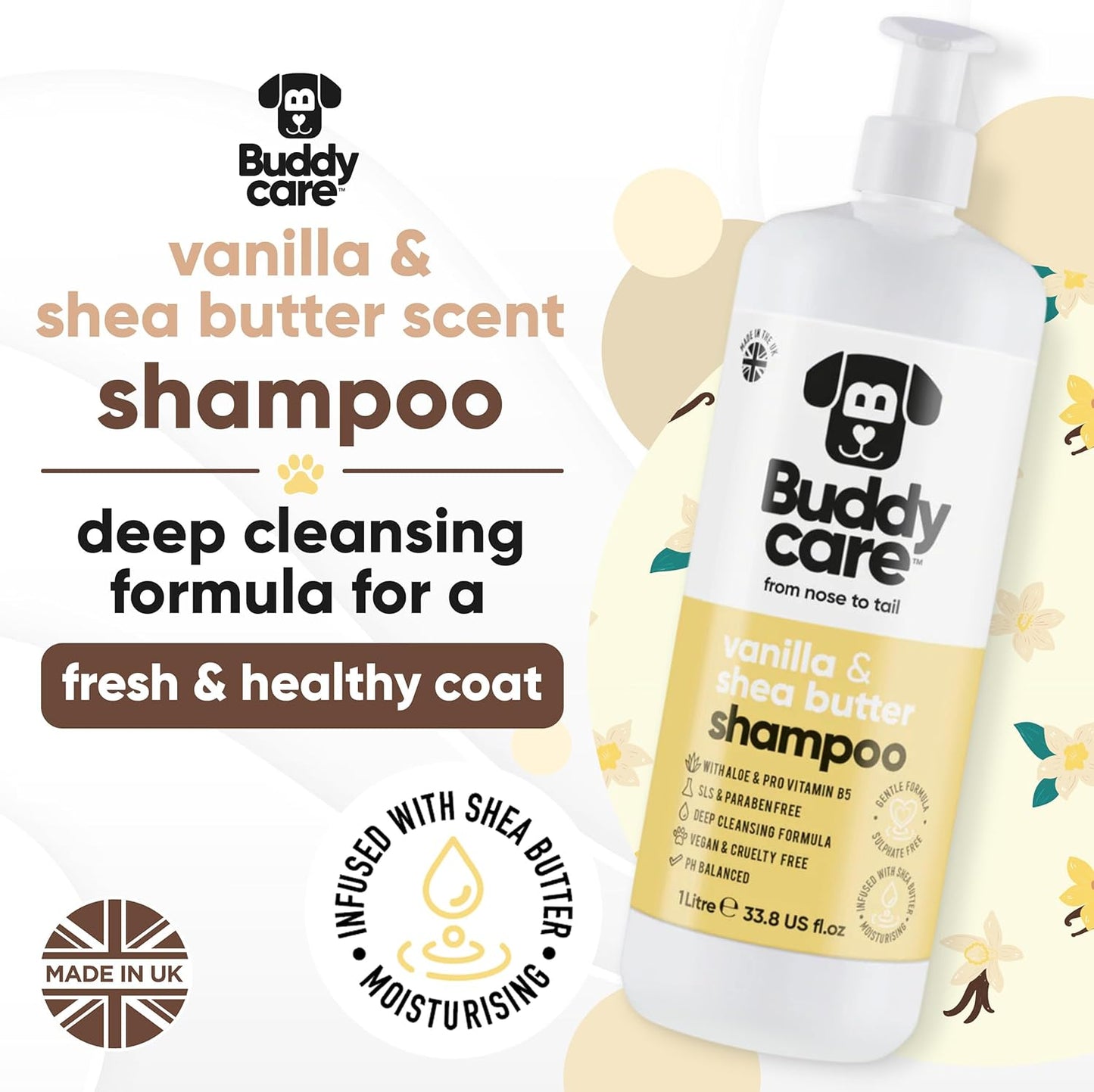 Vanilla & Shea Butter Dog Shampoo - (33.8oz) Itch Relief & Dog Shampoo Sensitive Skin Care, Dog Shampoo and Conditioner, Premium Dog Grooming Supplies for All Breeds