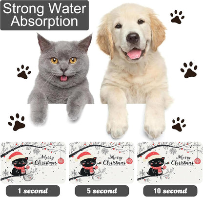 Christmas Black Cat Pet Feeding Mat-Quick Dry Absorbent Dog Cat Food Mat, Anti-Slip Water Bowl Mats for Messy Eaters-No Stains Indoor Pet Accessories 16"x24"
