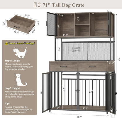 HITHOS 71" Tall Dog Crate Furniture, Indoor Dog Kennel with Hutch, 42" W Dog Cage for Large/Medium Dogs, Wood Dog Crates with 2 Storage Drawers, Heavy Duty Pet House, Ash Grey