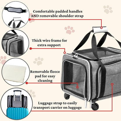 Airline Approved Expandable Premium Pet Carrier on Wheels- Two Sided Expandable Rolling Carrier- Designed for Dogs & Cats- Extra Spacious Soft Lined Carrier! (Grey)