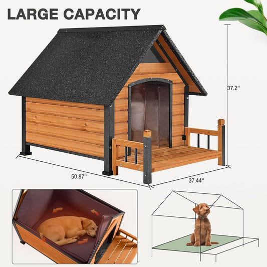 Dog House Outdoor, Weatherproof Wooden Dog Kennel Indoor for Small Medium Large Dogs, 50.87" L Insulated Large Dog Shelter for Winter