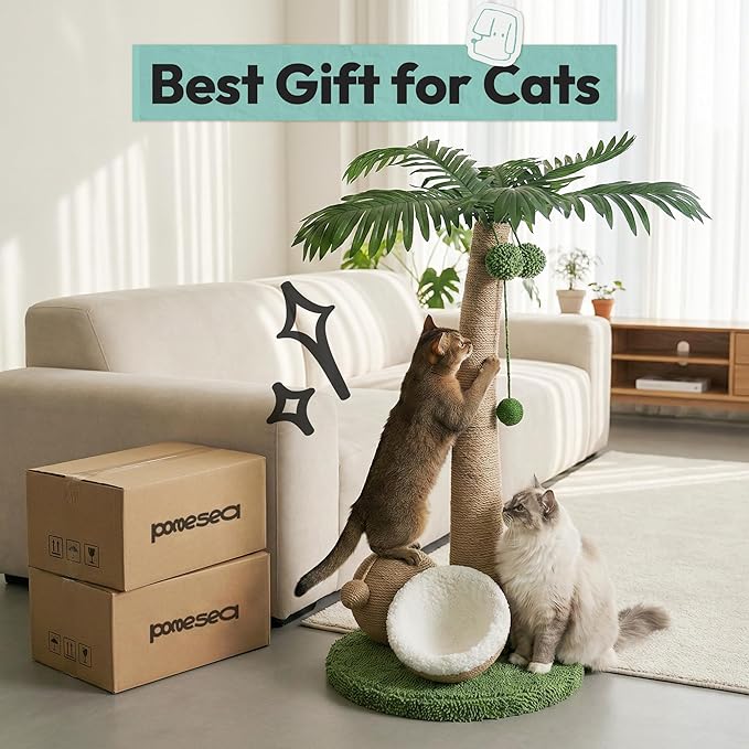 Cat Scratching Post 33 Inch Palm Tree with Hanging Balls and Double Coconut Toys, Cat Scratcher for Indoor Kittens, Extra Stable Base, Paw-Friendly Jute Material M