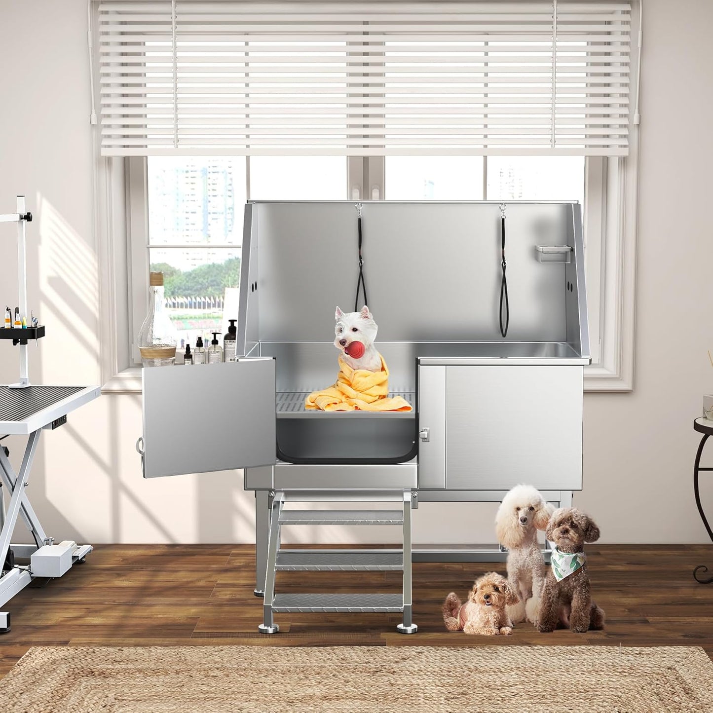 YITAHOME Dog Bathing Station, Professional Stainless Steel 304 Dog Grooming Bathtub w/Left Stairs, Faucet, Floor Grate, 50in Pet Washing Station for Large, Medium, Small Pets